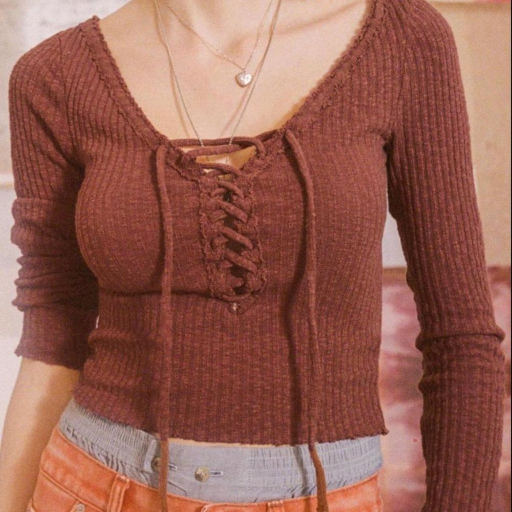Urban Outfitters Mare Ribbed Lace-Up Top in Dark Brown